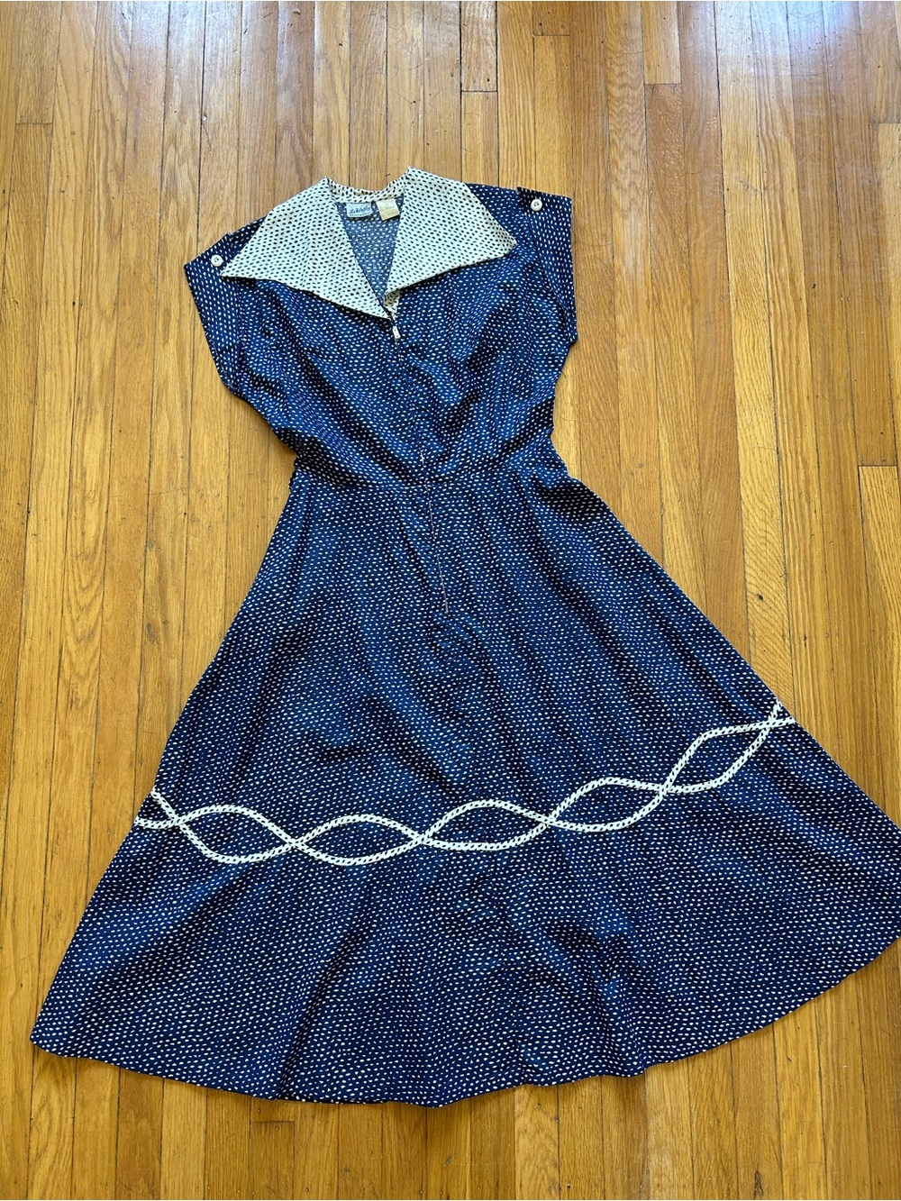 1950s Navy Polka Dot Dress with White Contrast Collar